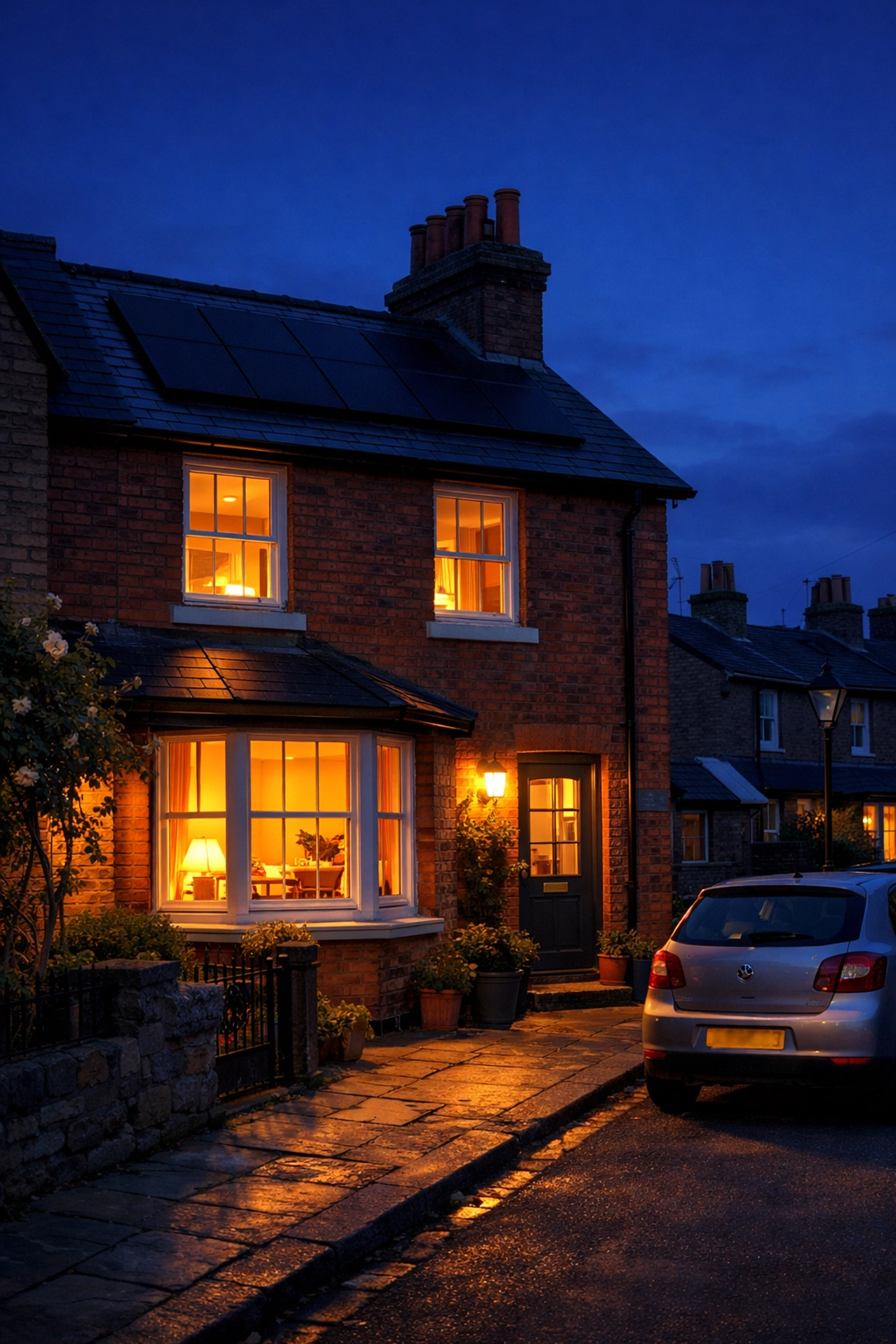 Sleek black solar panels on a British terraced home at dusk, illustrating home energy efficiency and storage.