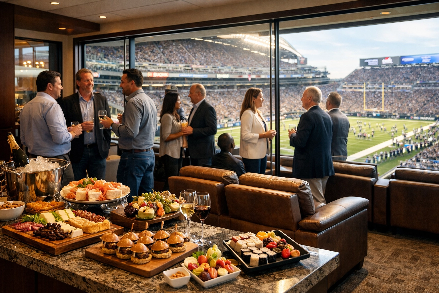NEWSLETTER: Are You Missing These 5 Critical Super Bowl Networking Opportunities That Could Land Your Next $10M Deal? Premium Super Bowl suite with executives conducting business while watching the game