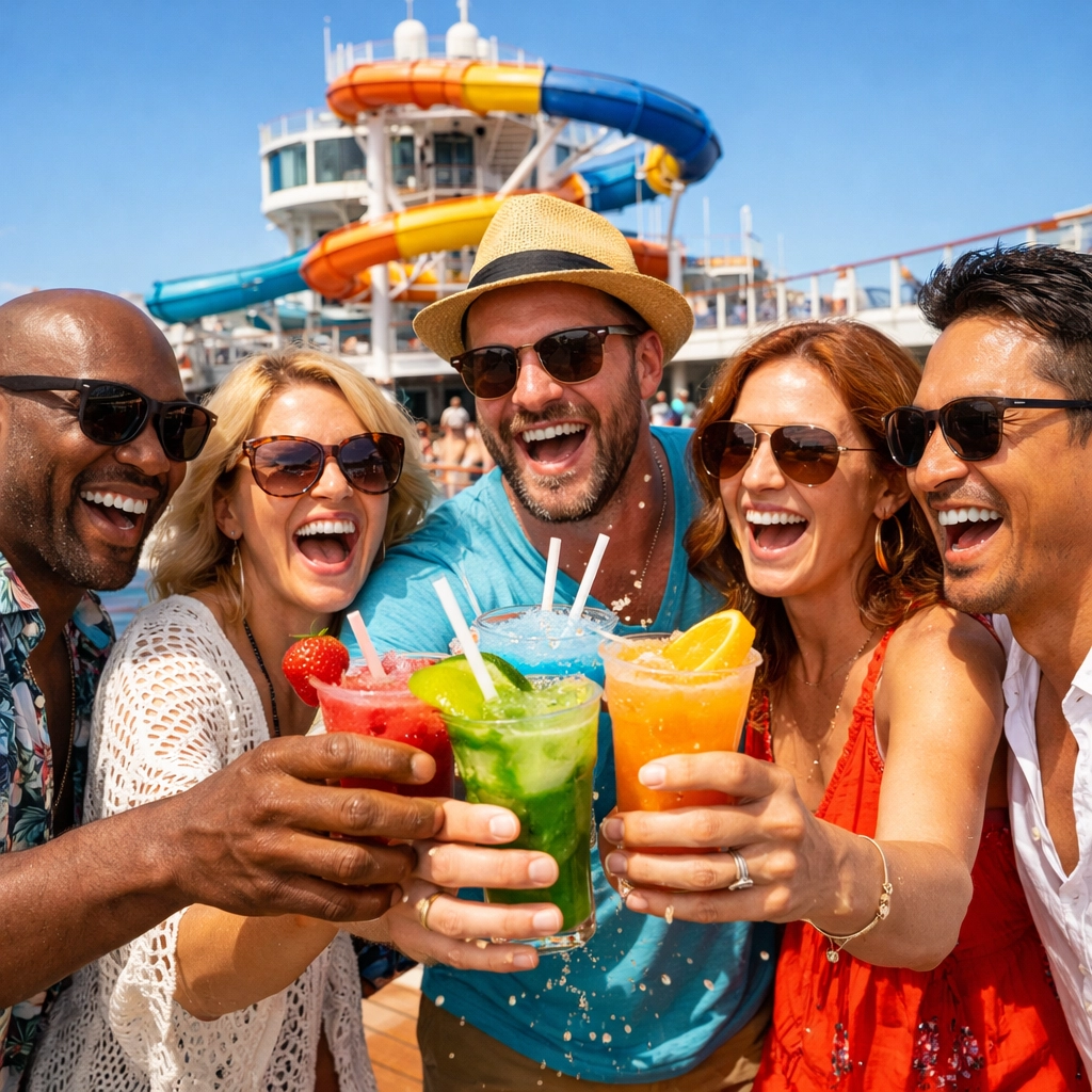 Friends celebrating a group birthday cruise with tropical cocktails on a sun-drenched ship deck.