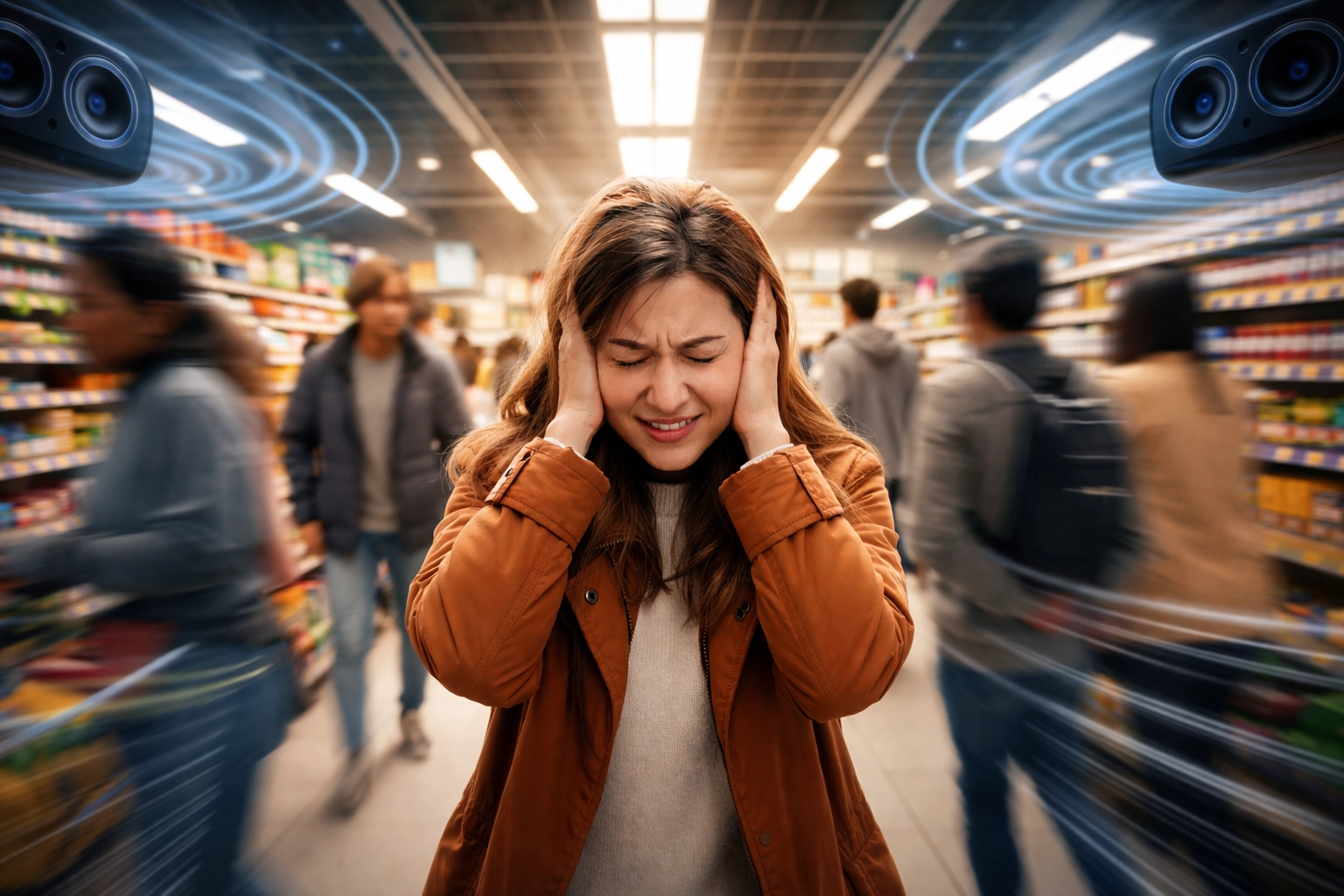 A person in a grocery store covers their ears, illustrating sensory overload in neurodivergent individuals.