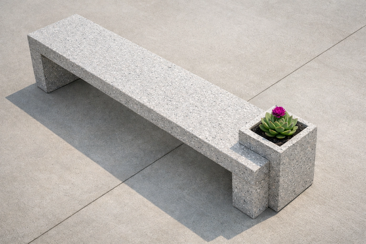 Modern outdoor bench and planter made from 100% recycled plastic panels for sustainable event infrastructure.