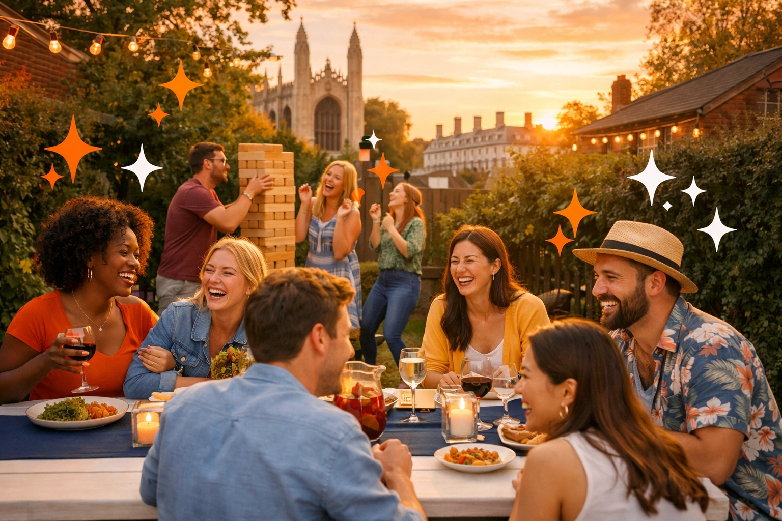 A lively backyard party in Cambridge featuring rented outdoor tables and giant yard games.