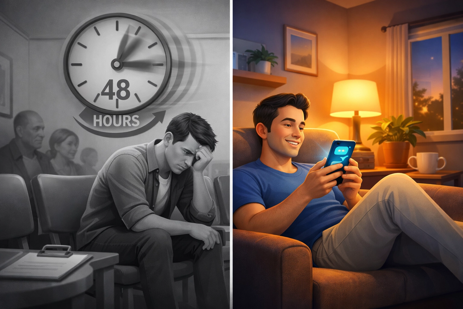 Traditional 48-hour wait vs instant online doctor consultation from home via telehealth