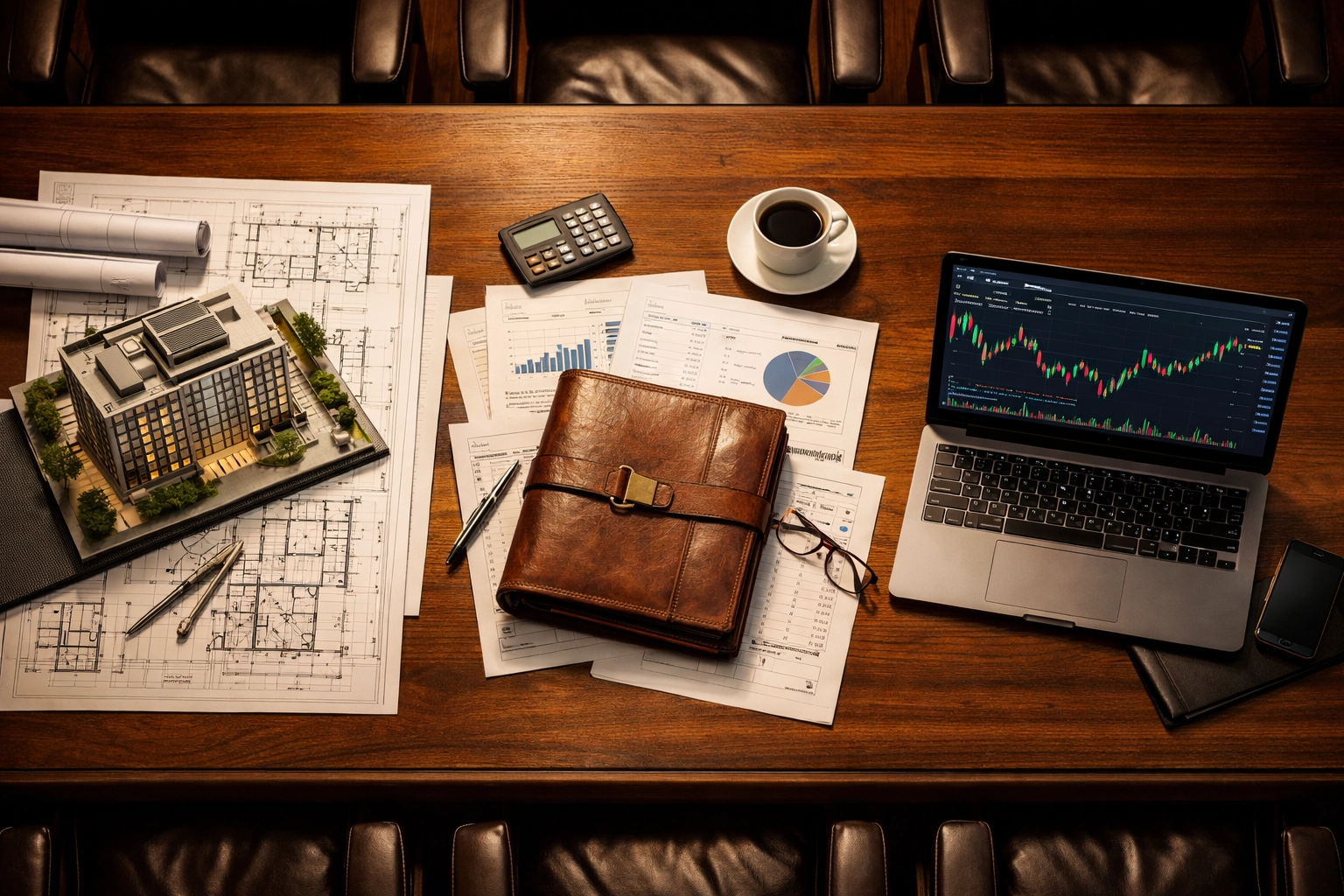 Investment planning table with real estate blueprints, financial documents, and cryptocurrency charts