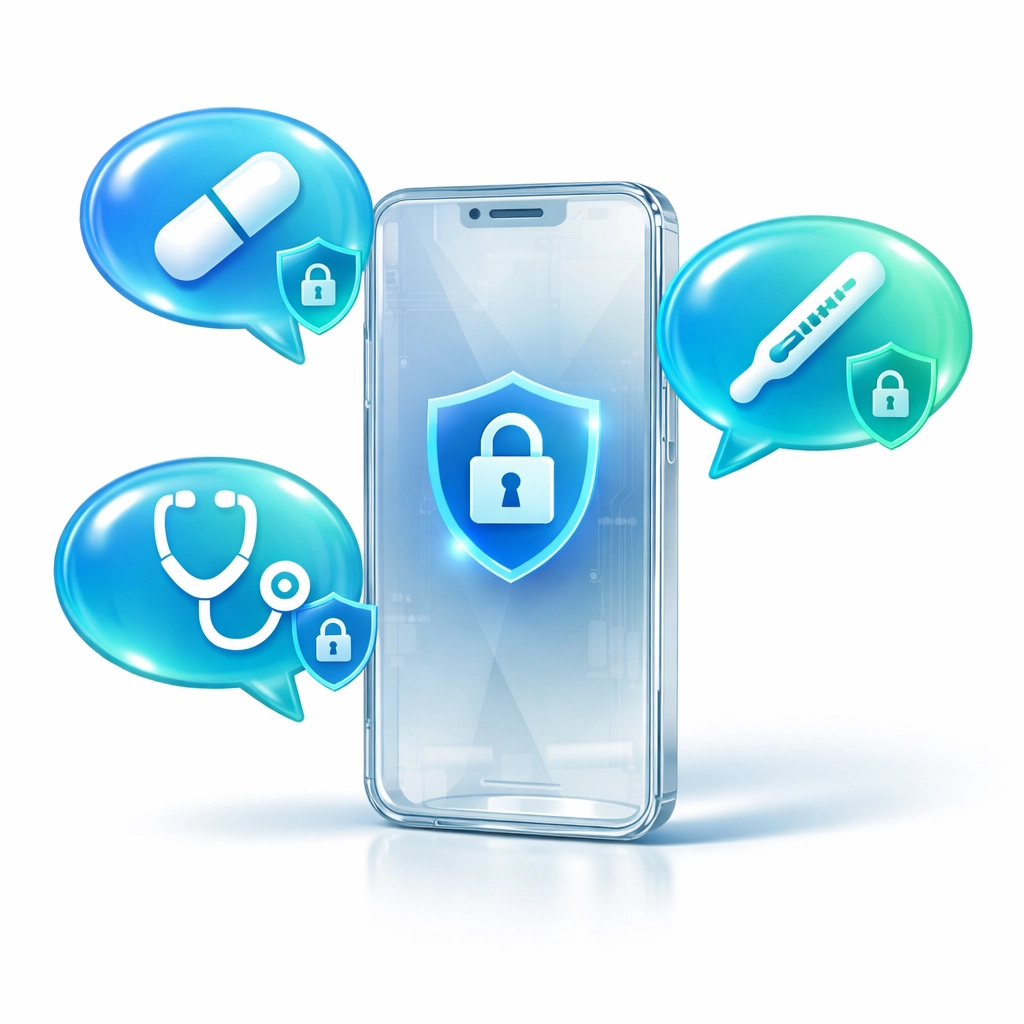 Secure online medical chat interface showing 24/7 access to doctors