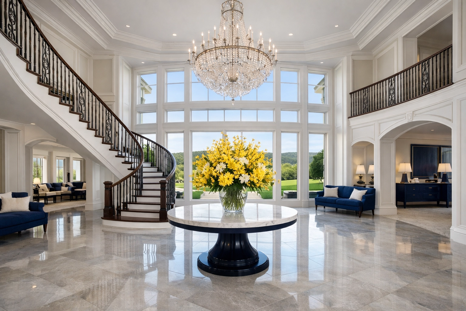Immaculate foyer of a large Dover estate showcasing luxury house cleaning and showroom-ready stone floors.