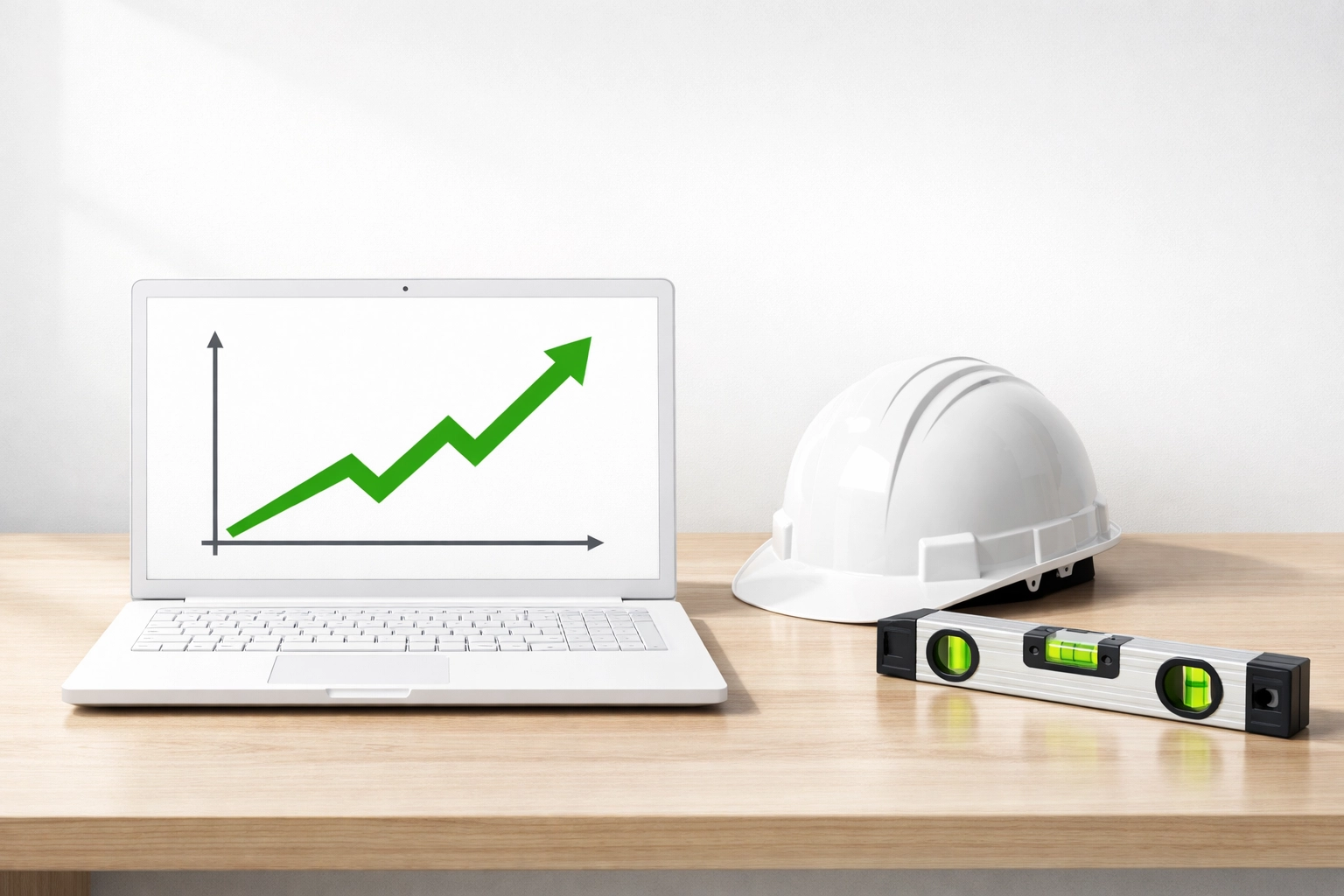 Laptop showing business growth metrics next to a hard hat for contractor website automation.