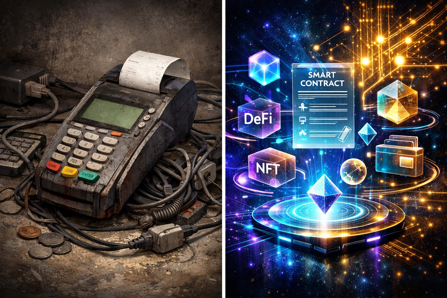 Comparison of legacy custodial payment systems versus modern Web3 self-custody platforms