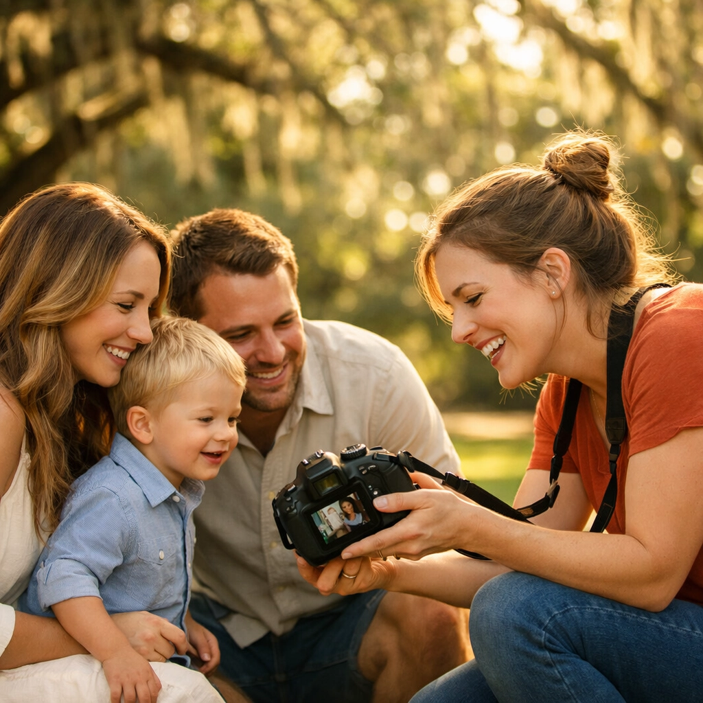 A lifestyle photographer interacting with clients during a family photo shoot to build professional relationships.