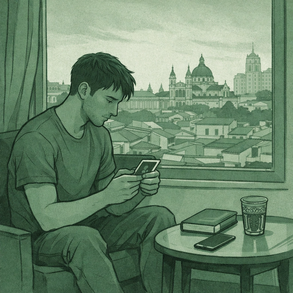 Gay refugee sitting alone in Madrid apartment reflecting on journey from Morocco