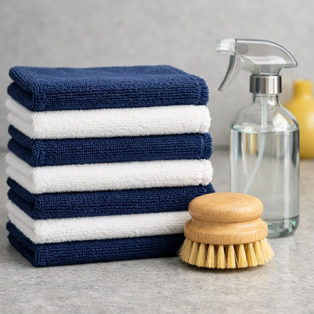 Professional microfiber cloths and sustainable tools for eco-friendly house cleaning in Hingham residences.