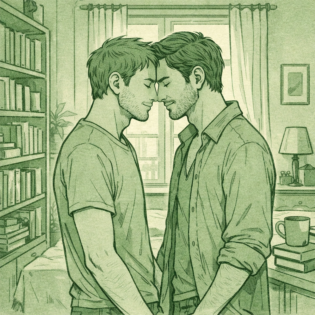 Gay couple in intimate emotional connection - literary MM romance vulnerability representation