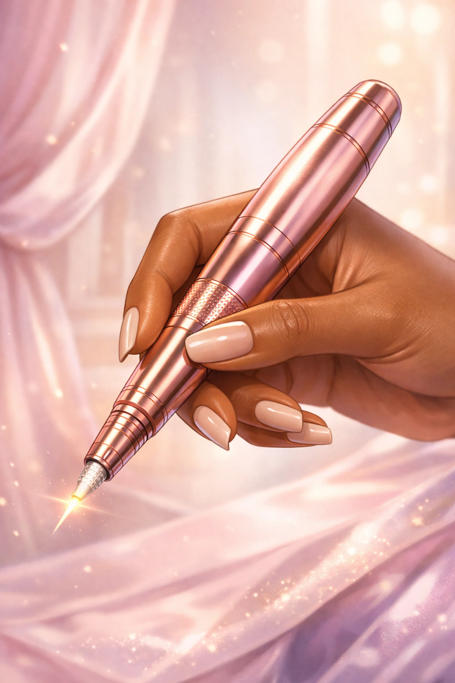 High-end digital permanent makeup pen used for precise Nano Brows in a luxury, nurse-led beauty studio.