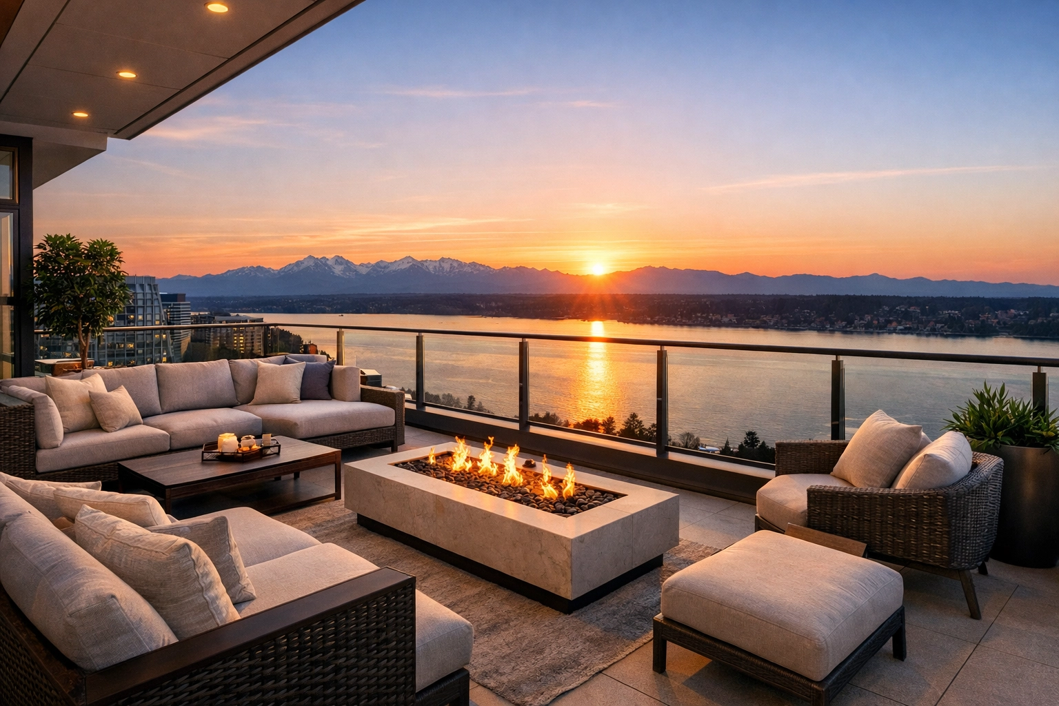 Downtown Bellevue luxury condo penthouse balcony overlooking Lake Washington at sunset.