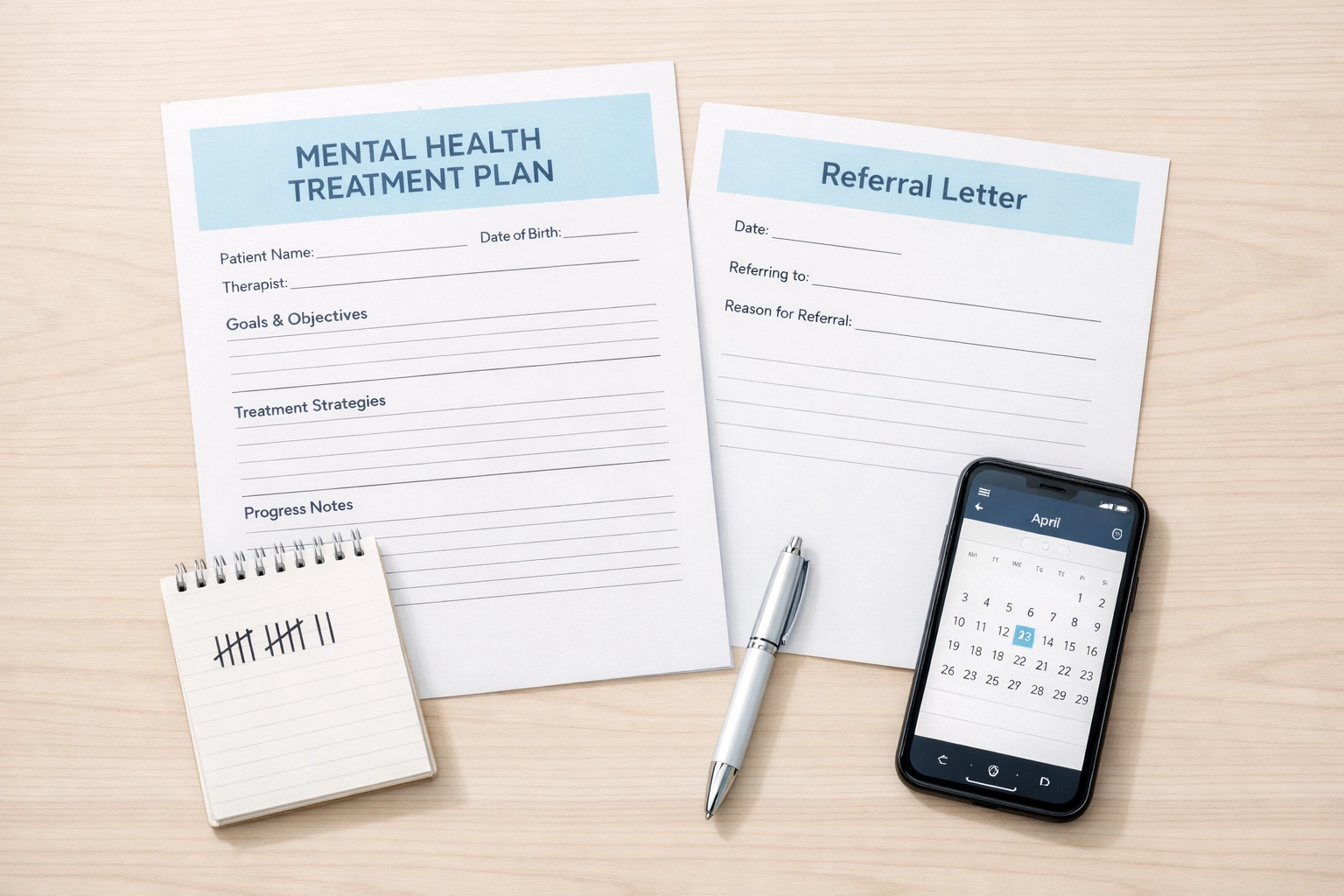 Organized mental health paperwork including treatment plan and session tracker