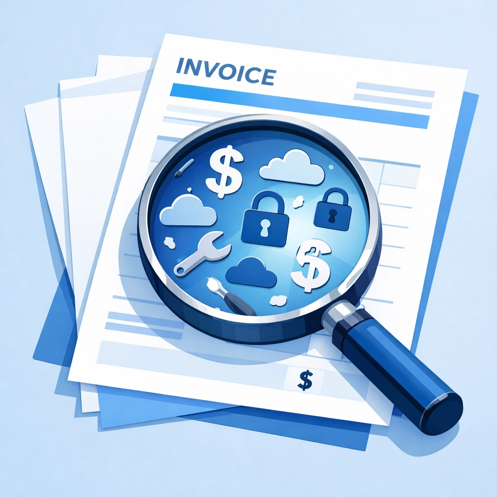 Magnifying glass revealing hidden costs in web design projects like hosting and maintenance