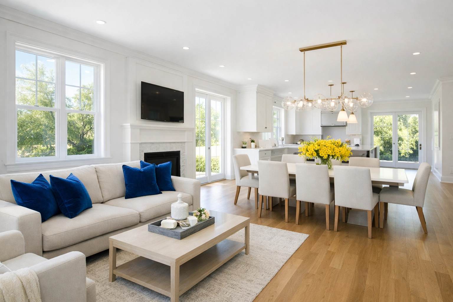 Clean high-end open-concept living area in a large Massachusetts home after professional house cleaning.