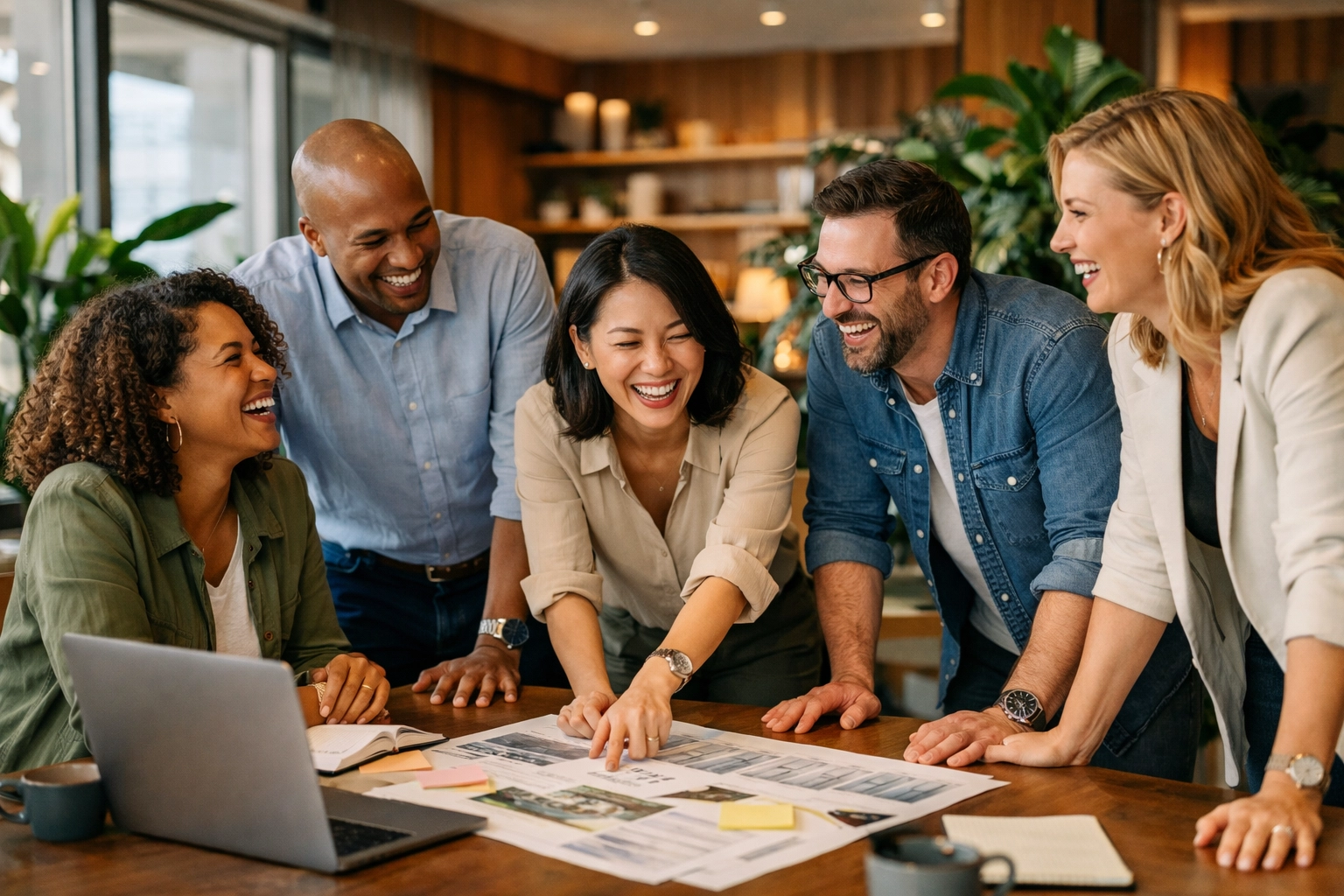 Diverse professional team collaborating in a modern office, highlighting a people-first workplace culture.