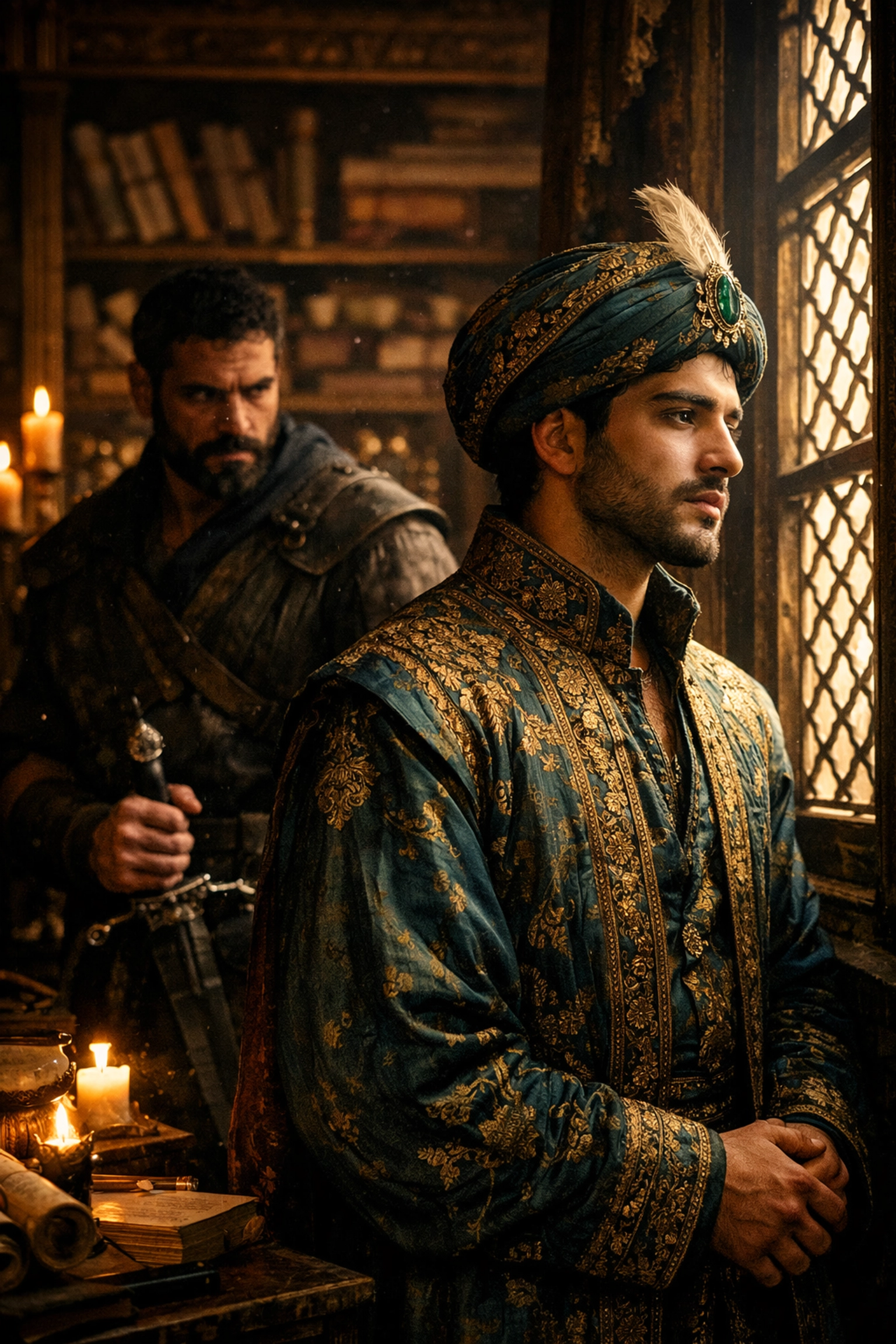 Forbidden love between an Ottoman Prince and his guard in a royal library, a classic MM historical romance trope.