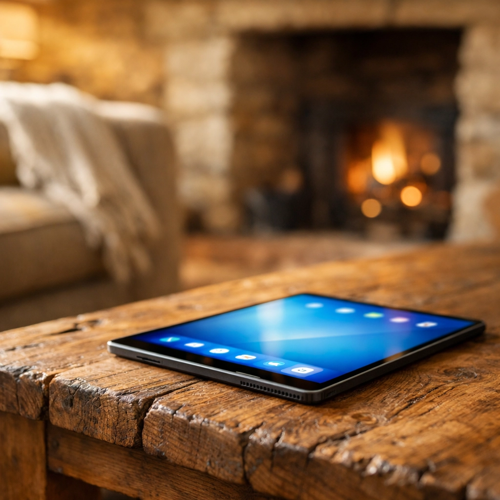 Tablet showing property data in a warm South Gloucestershire living room with a Cotswold stone fireplace.