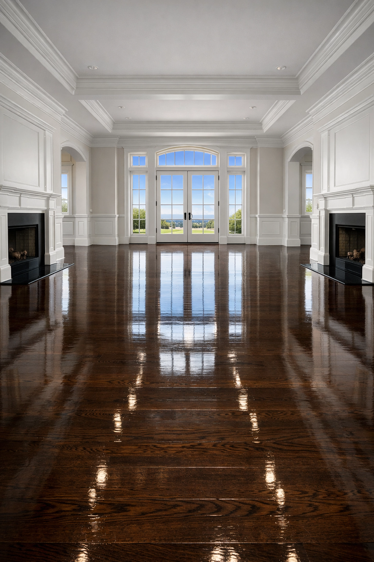 Clean and dust-free Walpole living room with polished floors ready for a post construction move-in.
