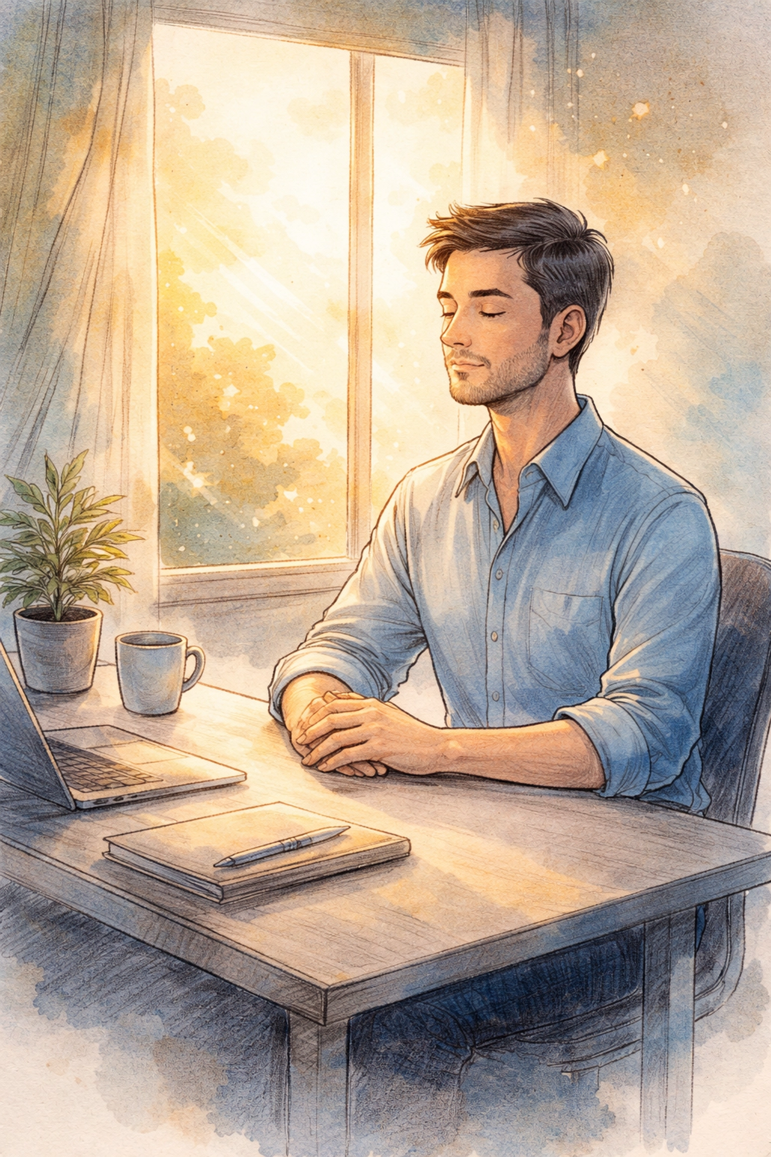 Professional sitting peacefully at a desk in quiet reflection, symbolizing gratitude and spiritual growth in the workplace.