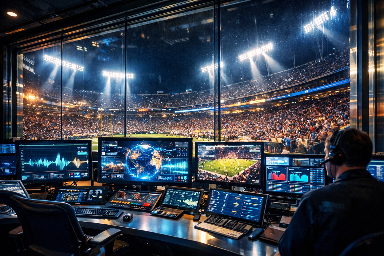 Modern sports media command center representing 40 years of expertise in digital marketing and stadium broadcasts.