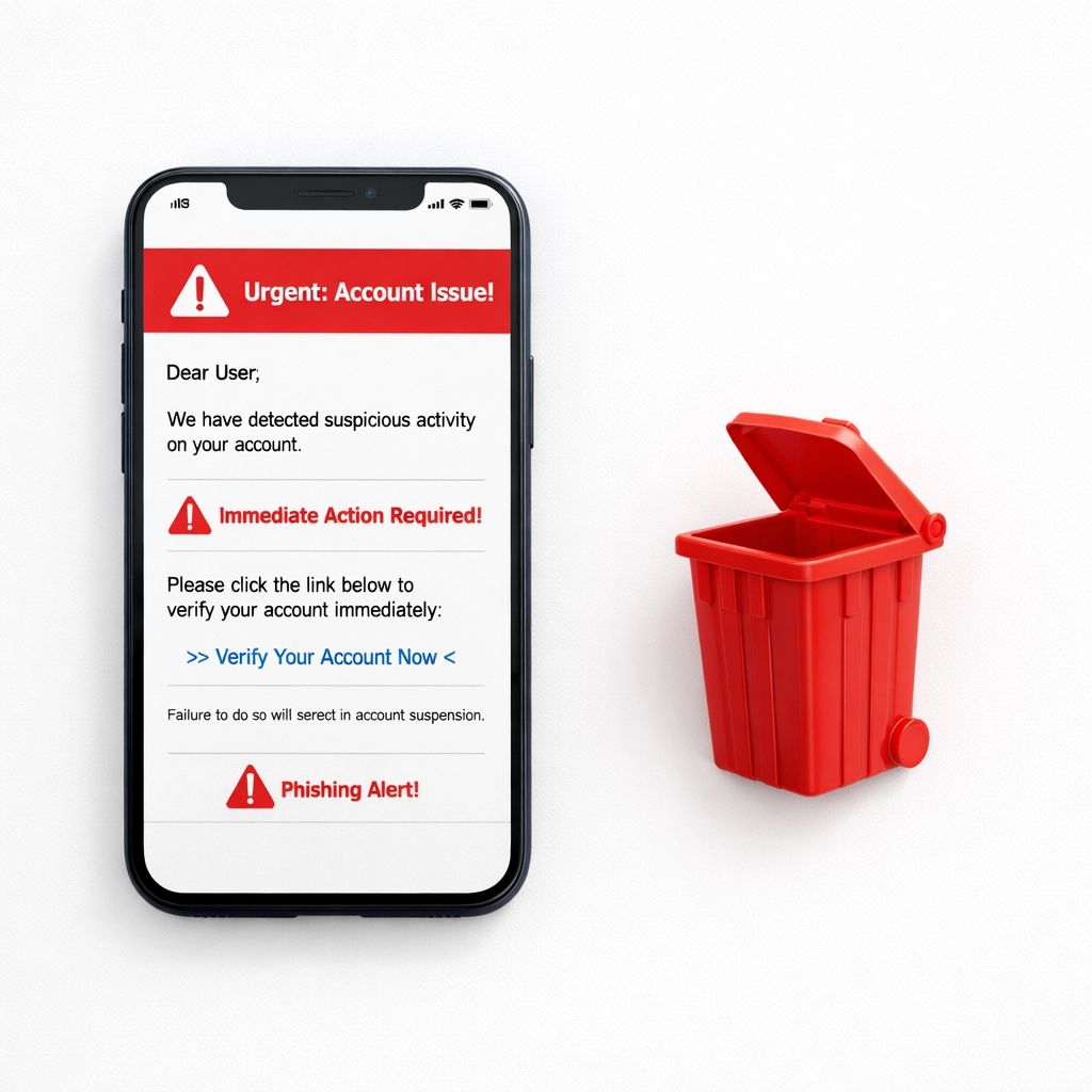 Smartphone displaying phishing email with delete icon showing how to avoid IRS tax email scams