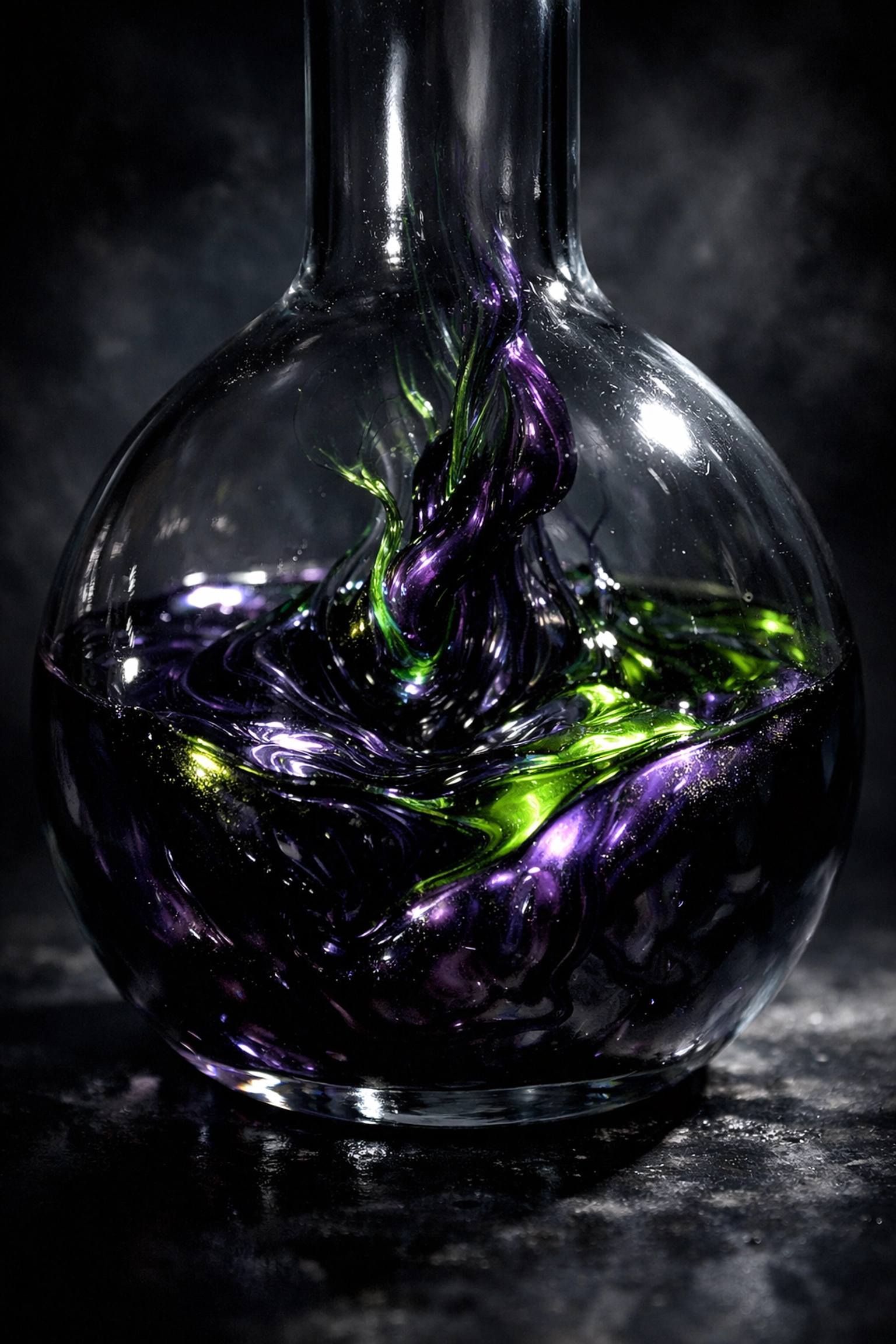 Dark, oily synthetic liquid representing the toxic chemicals found in mainstream hair care products.