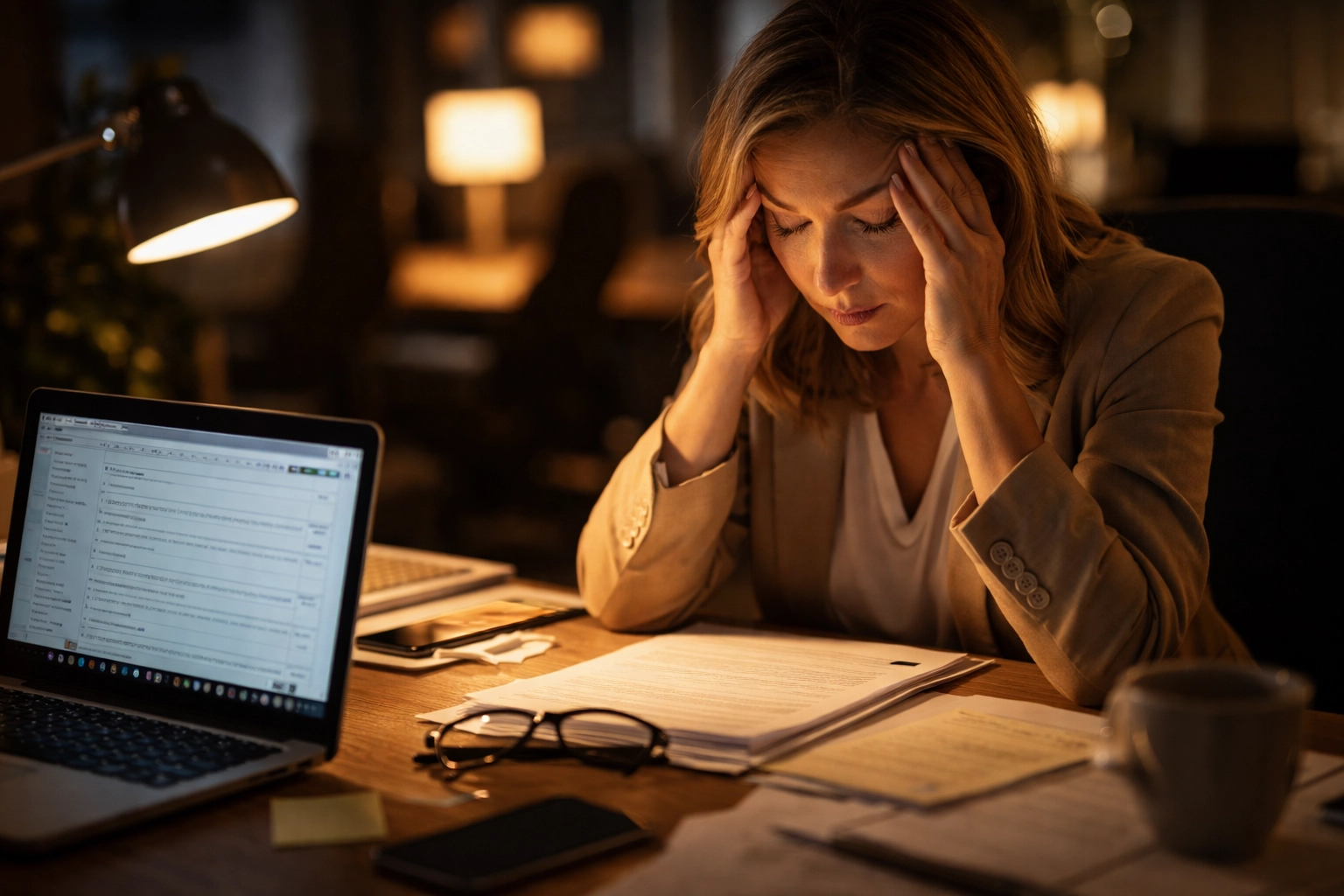 Exhausted HR professional alone at her desk late, symbolizing HR burnout and workplace stress