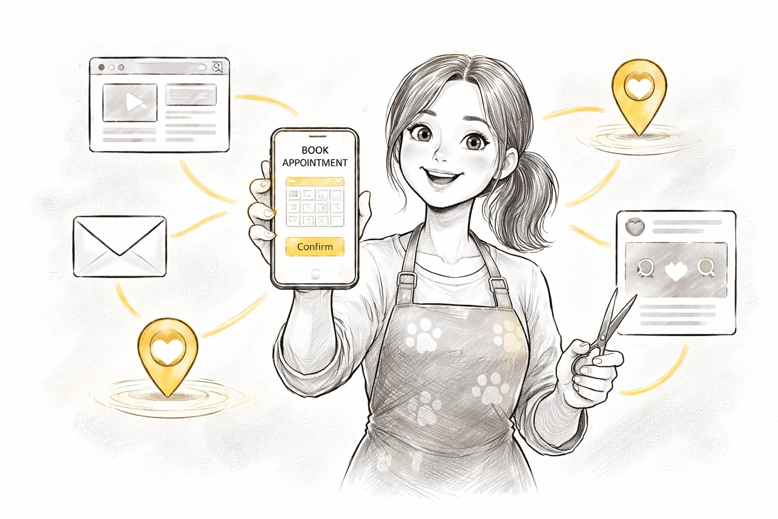 Happy small business owner sharing a simple online booking calendar across web and social platforms