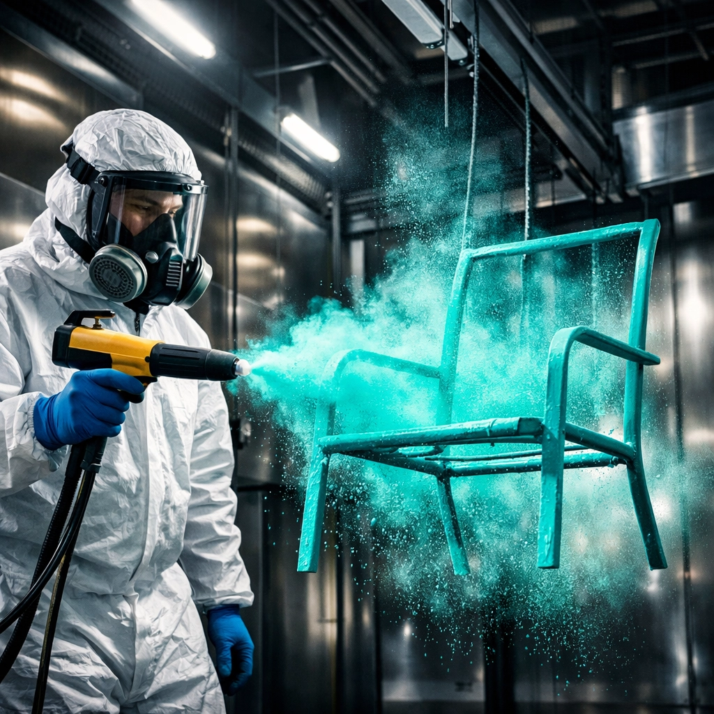 Technician applying powder coating to a metal patio chair frame in a professional coating facility
