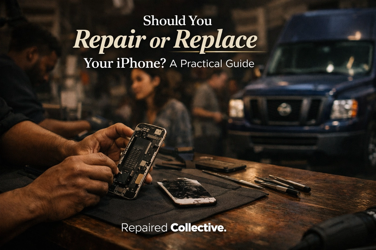 [HERO] A high-end, cinematic close-up of a technician's hands working on an iPhone at a dark navy workbench. Task lighting highlights the precision. Official text overlay: 