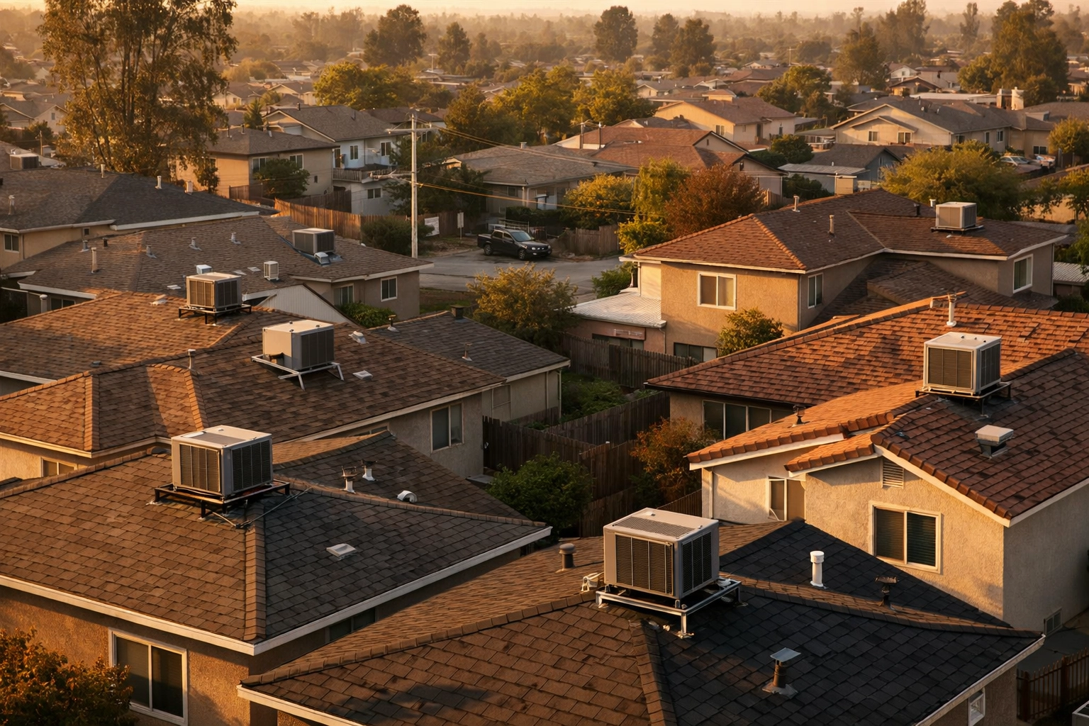 Aerial view of residential neighborhood showing multiple AC units on rooftops