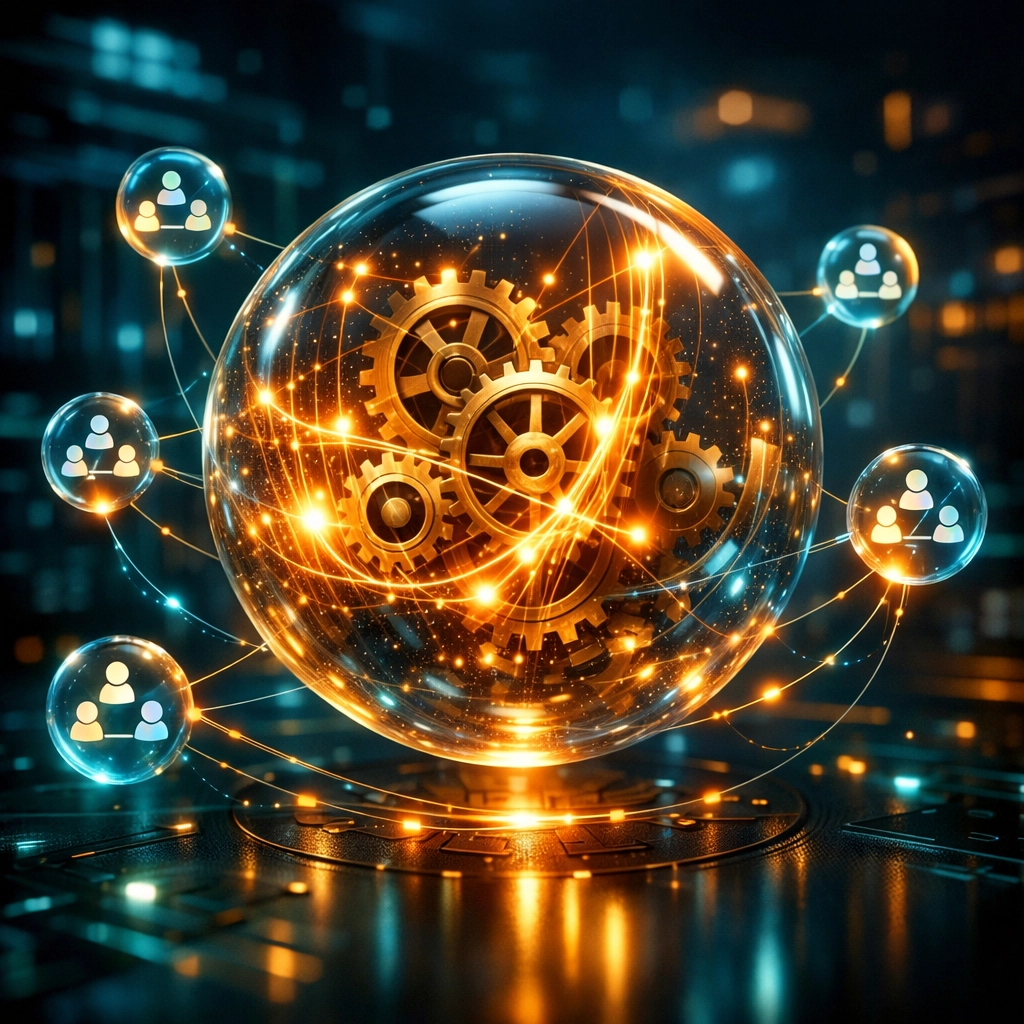 Digital engine illustration representing the synergy between website maintenance and social media management.