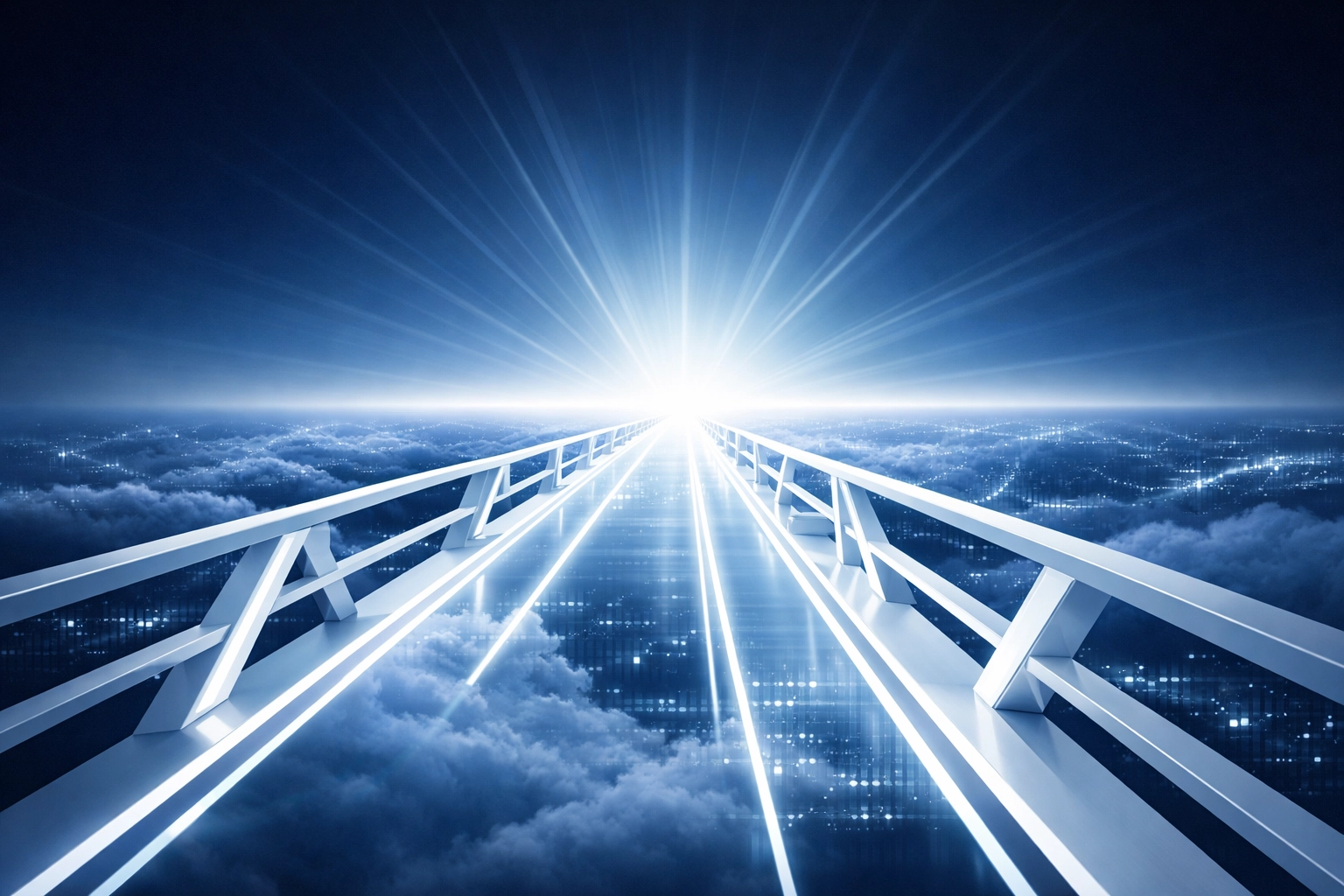 A futuristic light bridge representing the strategic roadmap for AI-powered business scaling and growth.