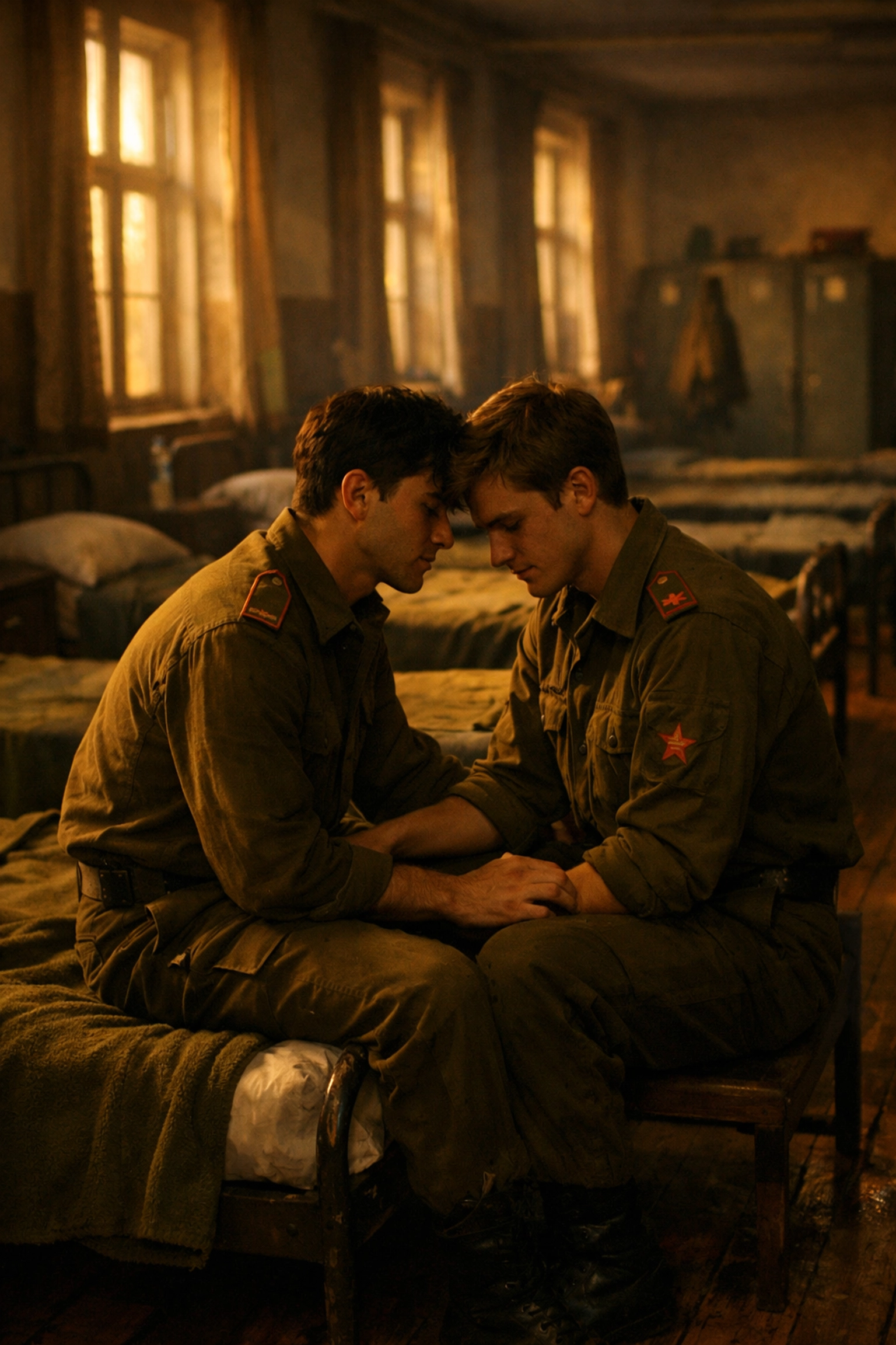 Two gay soldiers in Yugoslav People's Army barracks sharing intimate moment in 1980s