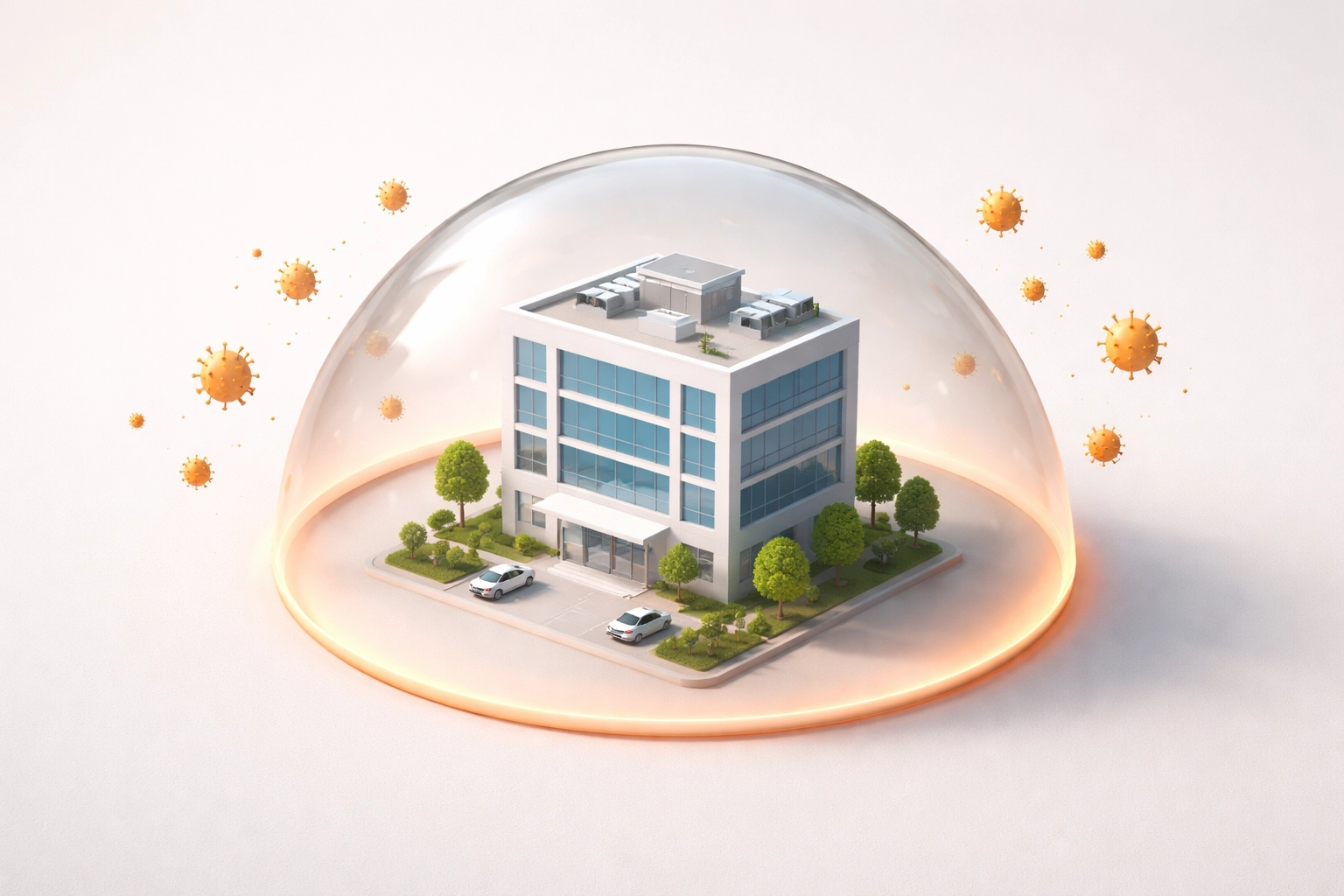Modern office building protected by a shield from orange particles, illustrating PFAS pollution liability coverage options.