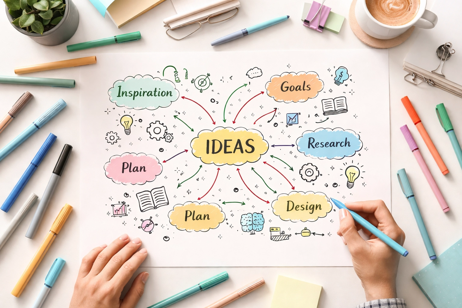 Creative mind mapping session for startup ideas, showing brainstorming in a bright workspace