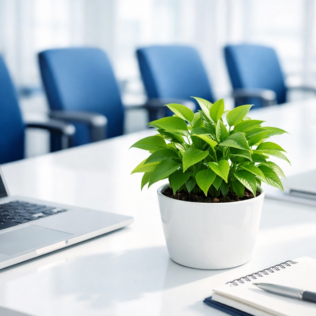 Sanitized office workstation in Stoughton with a clean white desk and blue chairs for a healthy work environment.