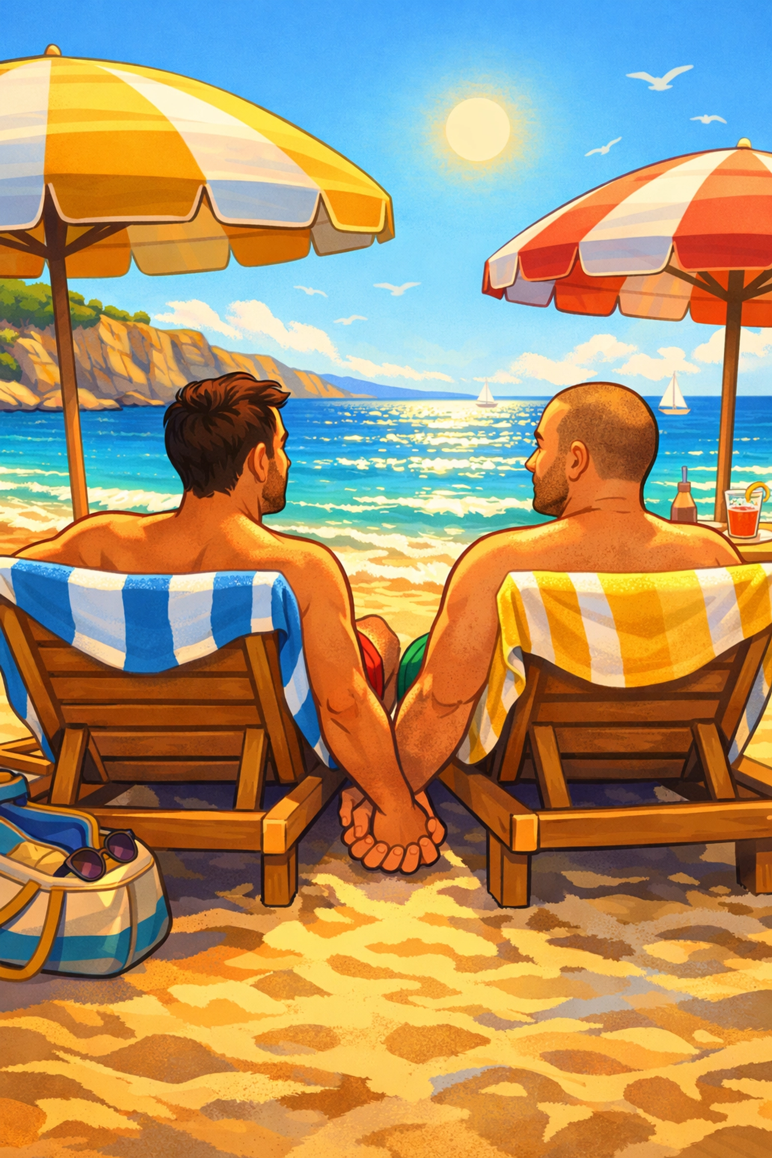 Gay couple relaxing on beach loungers at Cap d'Agde naturist resort