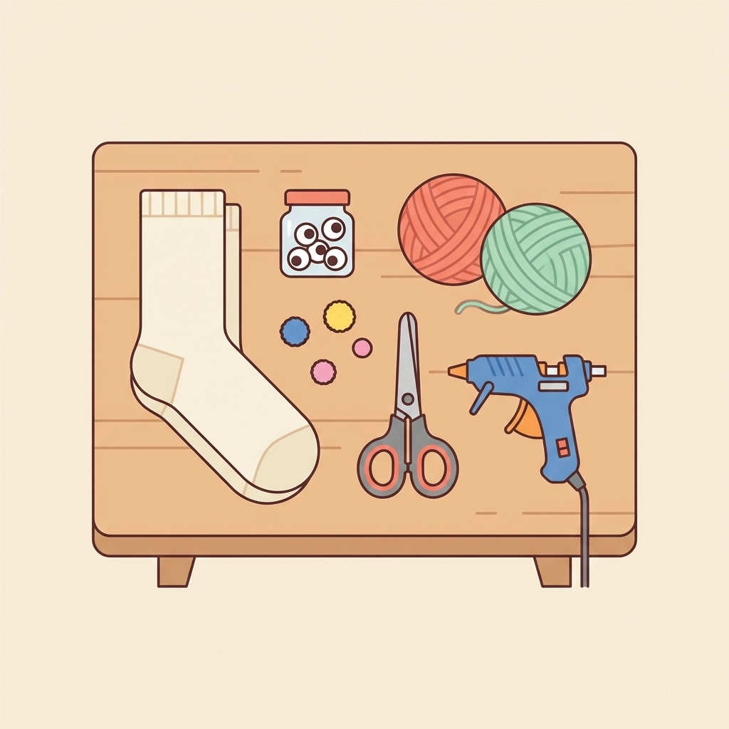 DIY sock puppet supplies including socks, googly eyes, pom poms, yarn, scissors, and glue for kids craft project