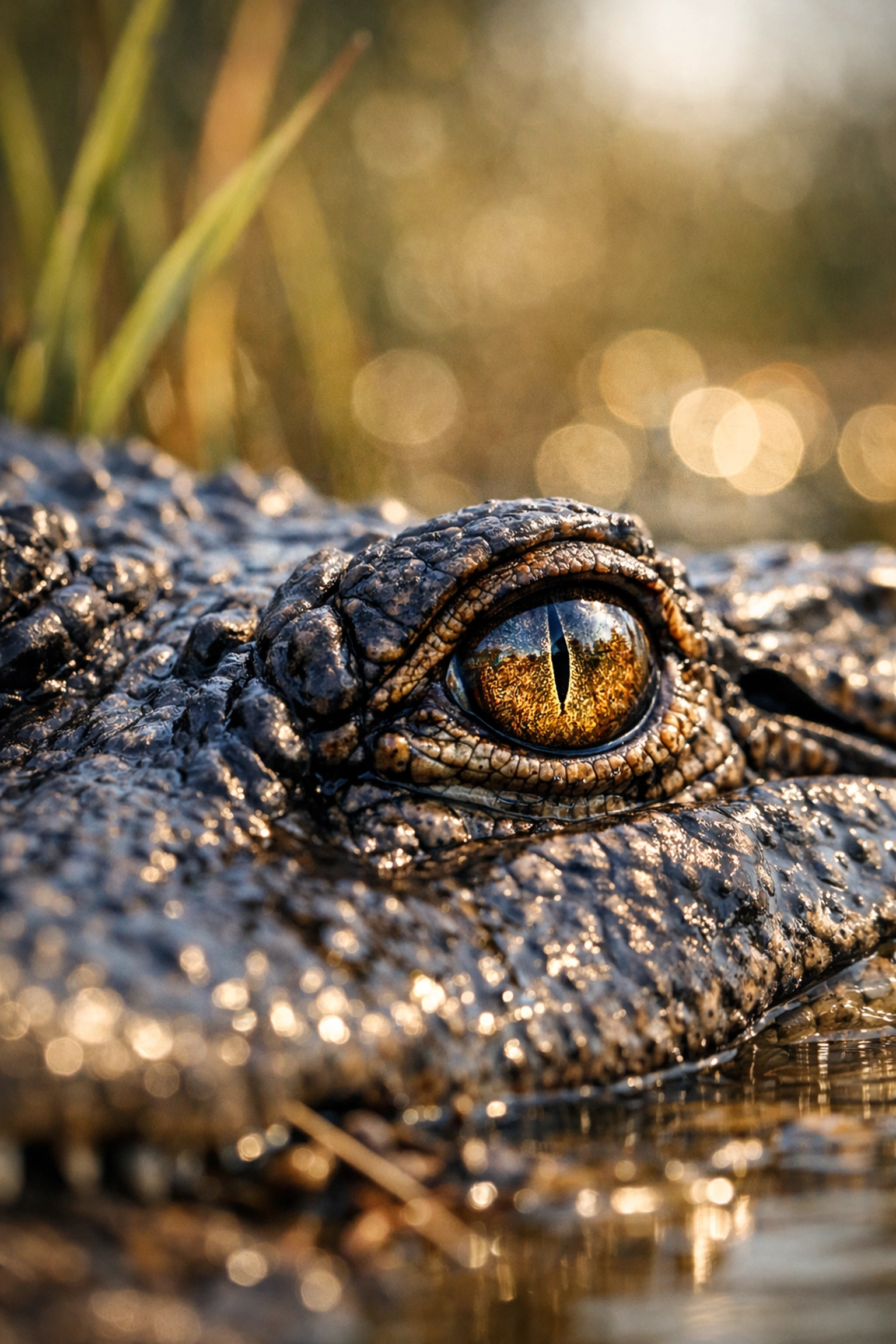 Close-up portrait of an alligator's eye showing sharp detail, a key wildlife photography tip for the Everglades.
