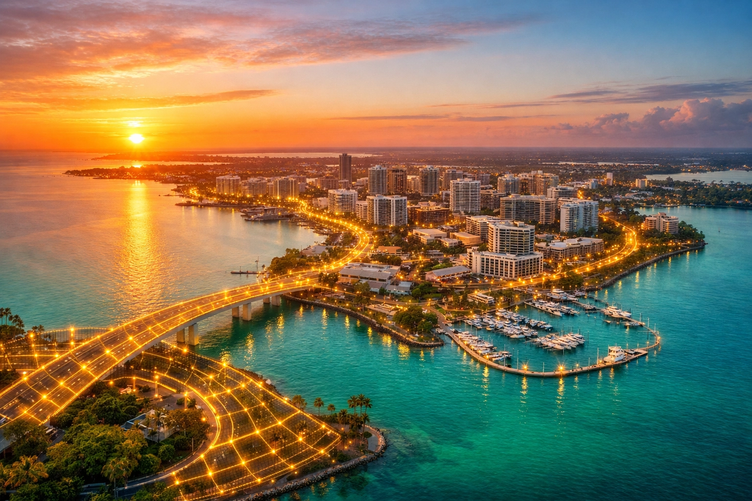 Aerial view of Sarasota bayfront with a digital grid showing an optimized network for local search visibility.
