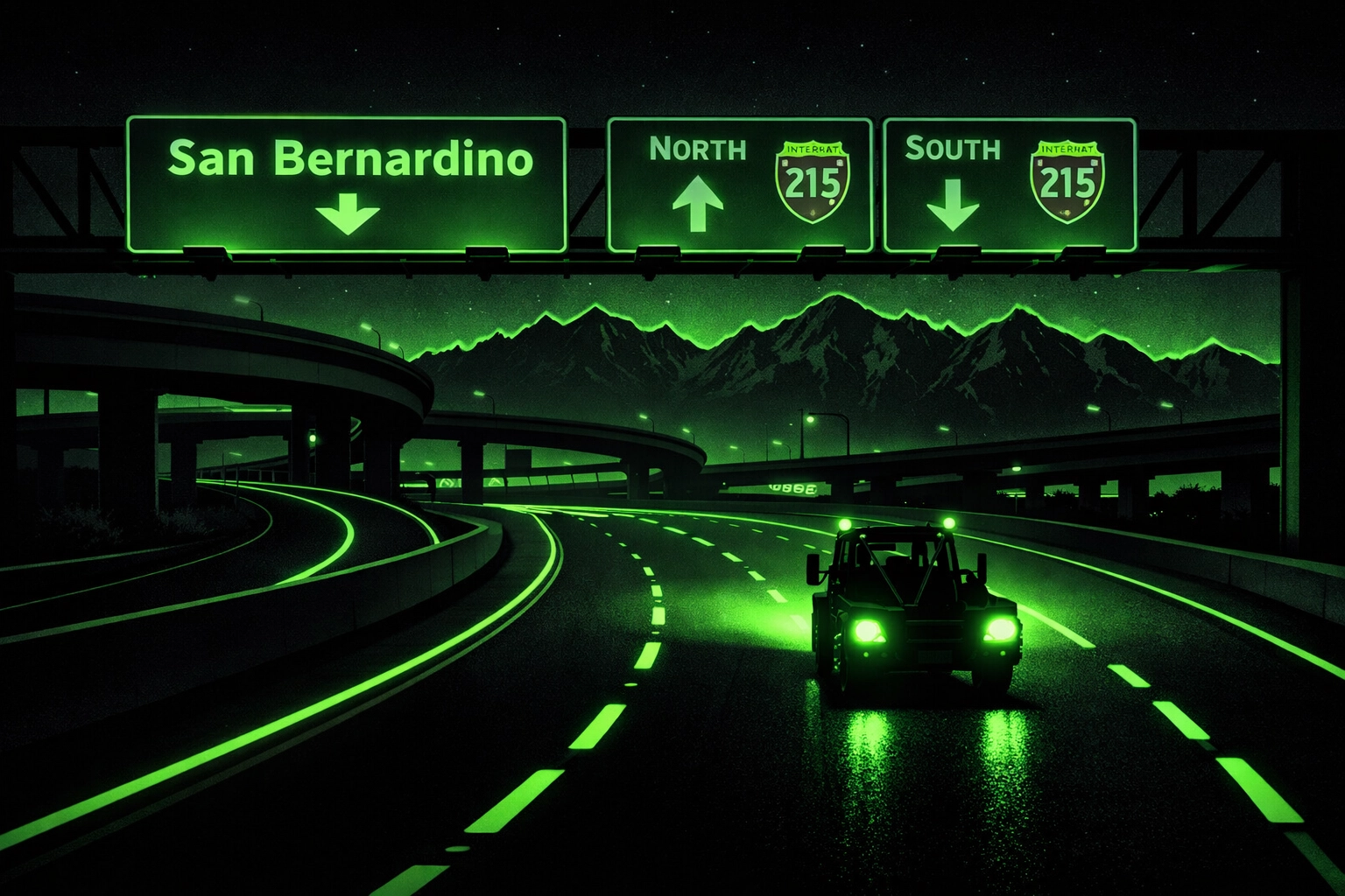 Neon green highway markers in San Bernardino illustrating broad towing territory coverage.