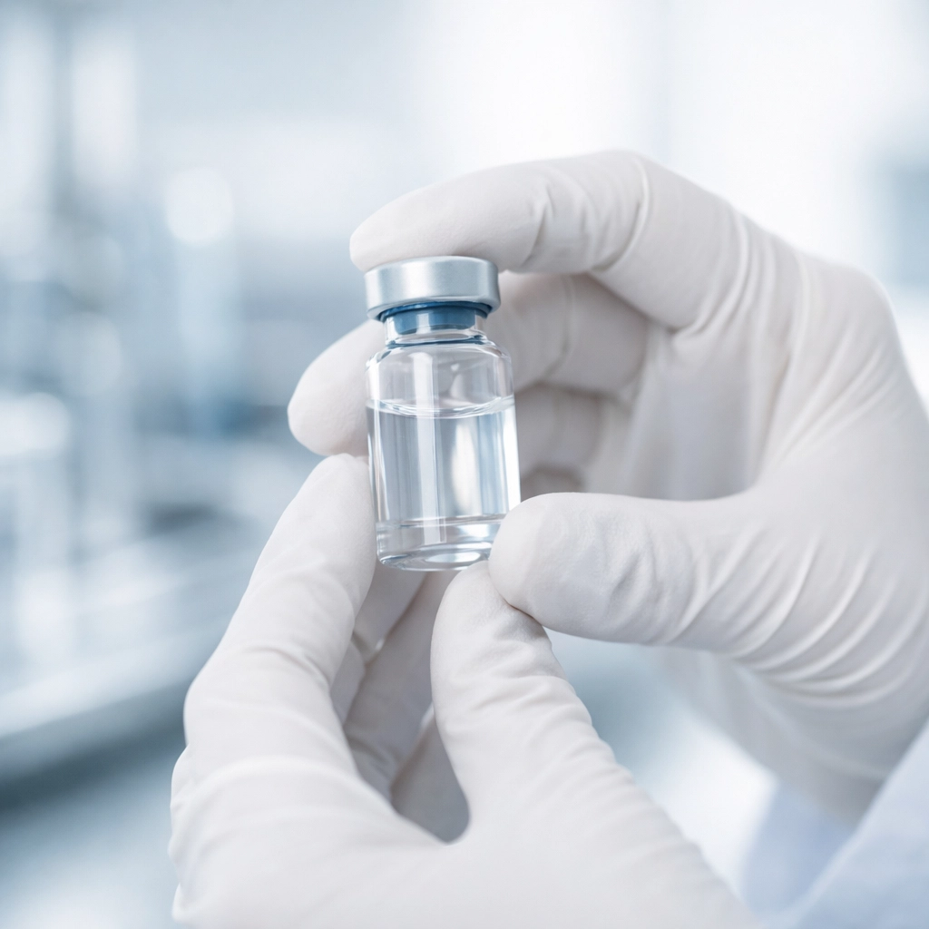 A pharmacist in a laboratory inspecting a vial of compounded tirzepatide for weight loss.