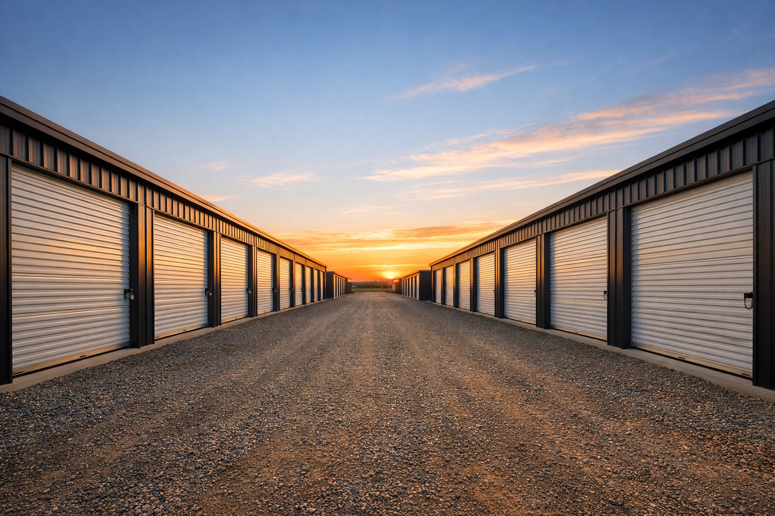 Rows of secure self-storage units with white roll-up doors and gravel driveways for easy local storage access.