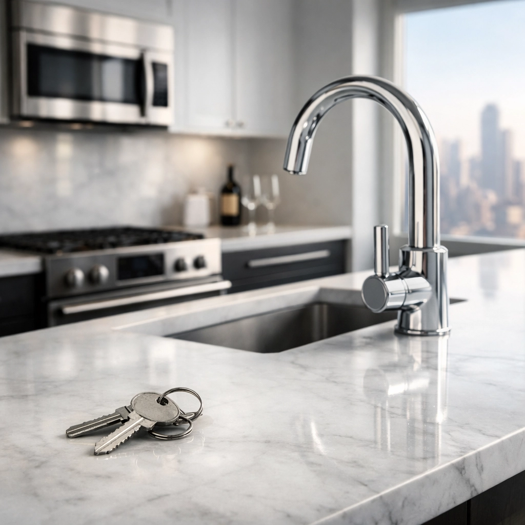 Pristine Chicago apartment kitchen after professional turnover cleaning, featuring marble countertops and skyline views.