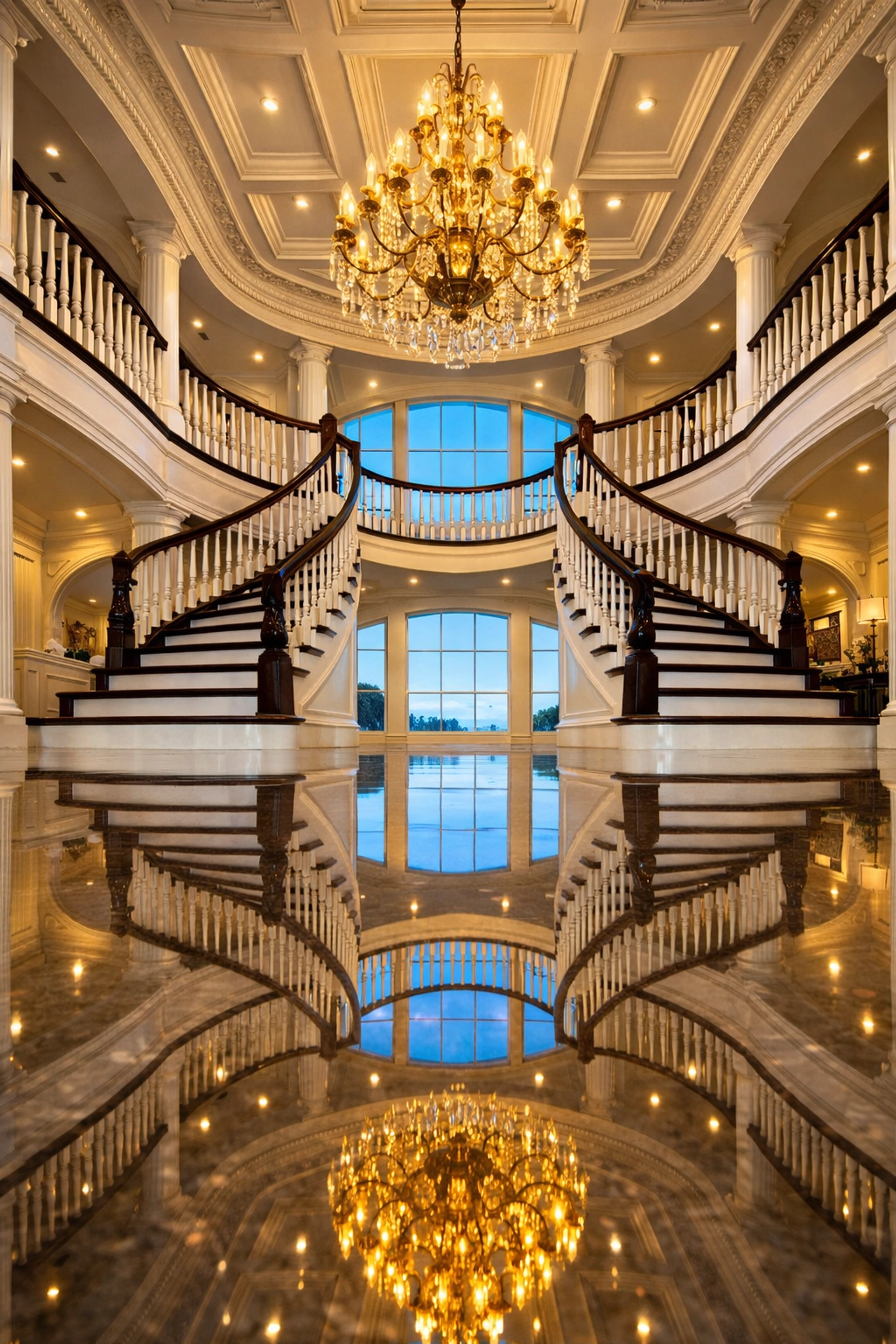 Grand Hingham estate foyer with polished stone floors and crown molding after a professional deep cleaning.