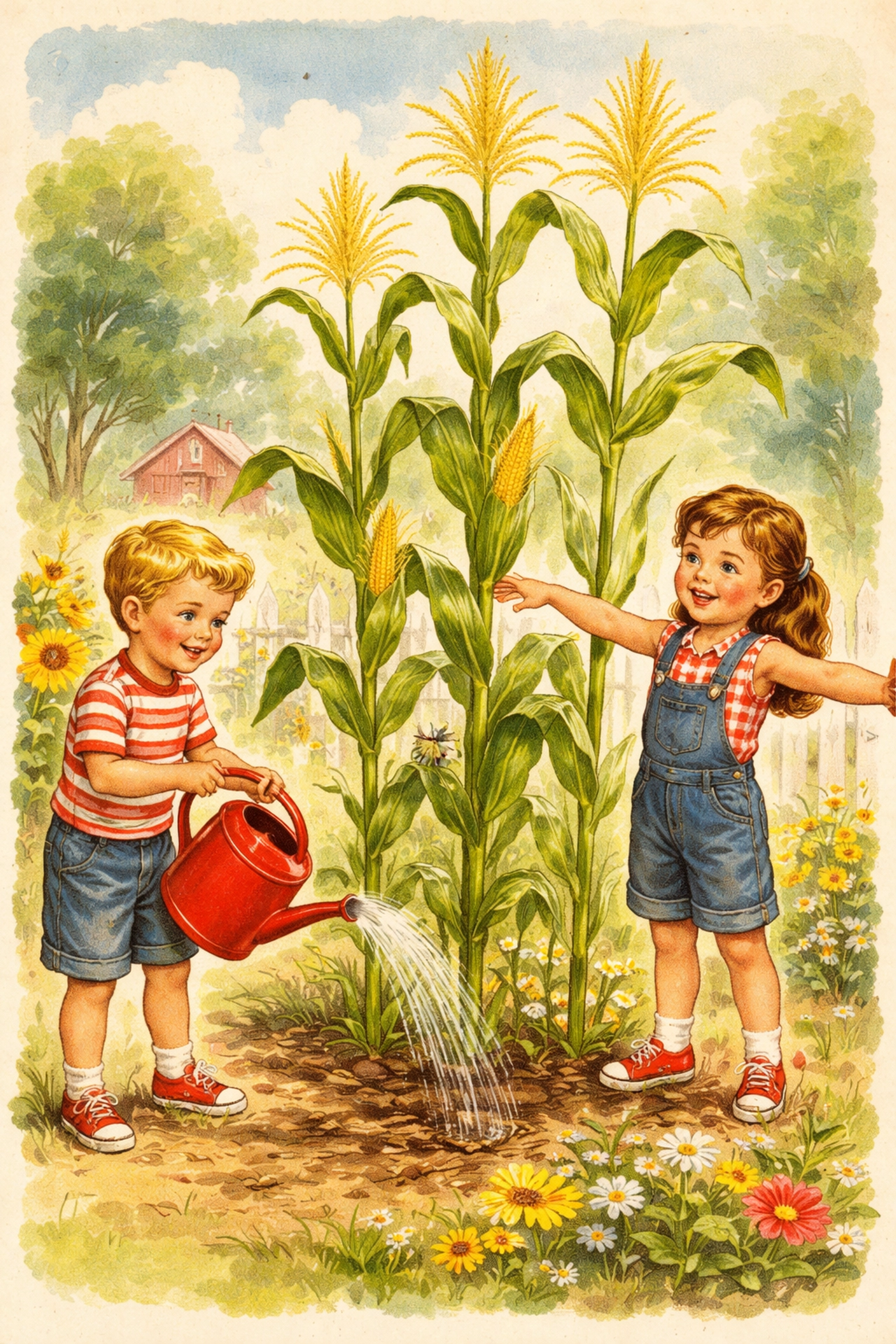 Two kids watering and measuring tall Glass Gem corn stalks in a summer garden